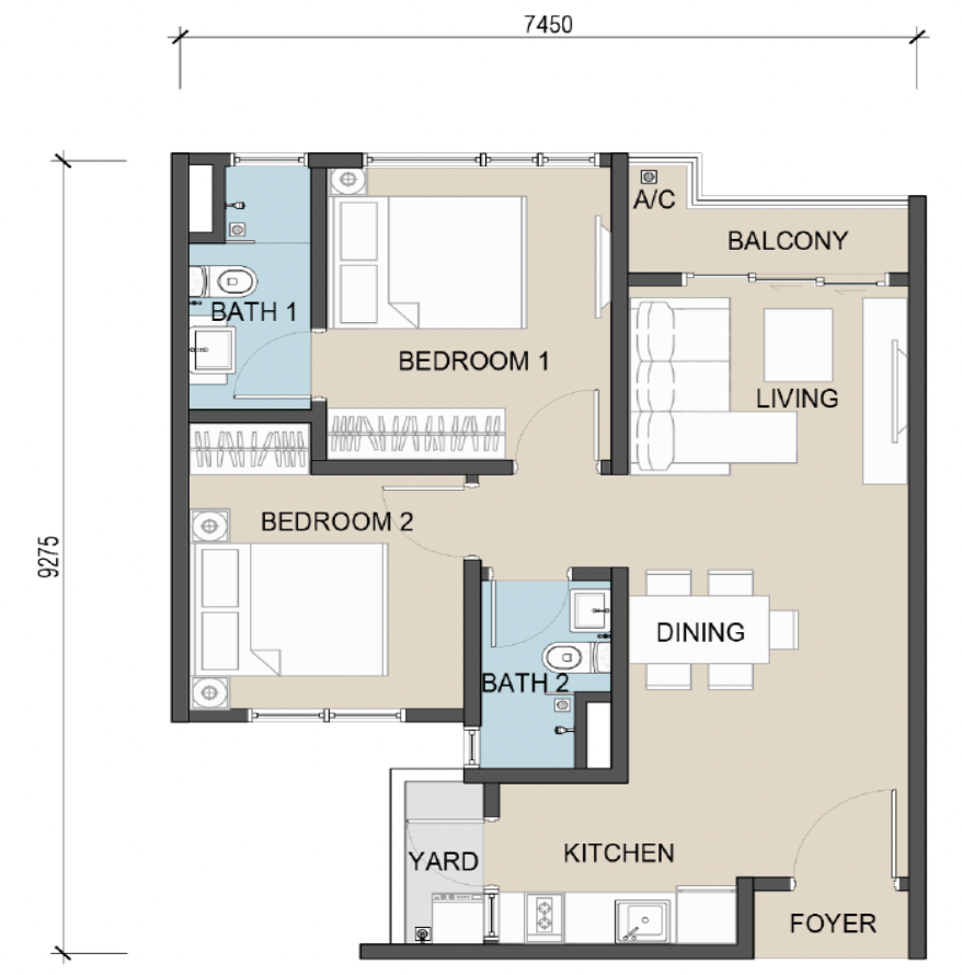 The Address @ Maxim Pelangi B1户型平面图，660平方尺，2房2卫