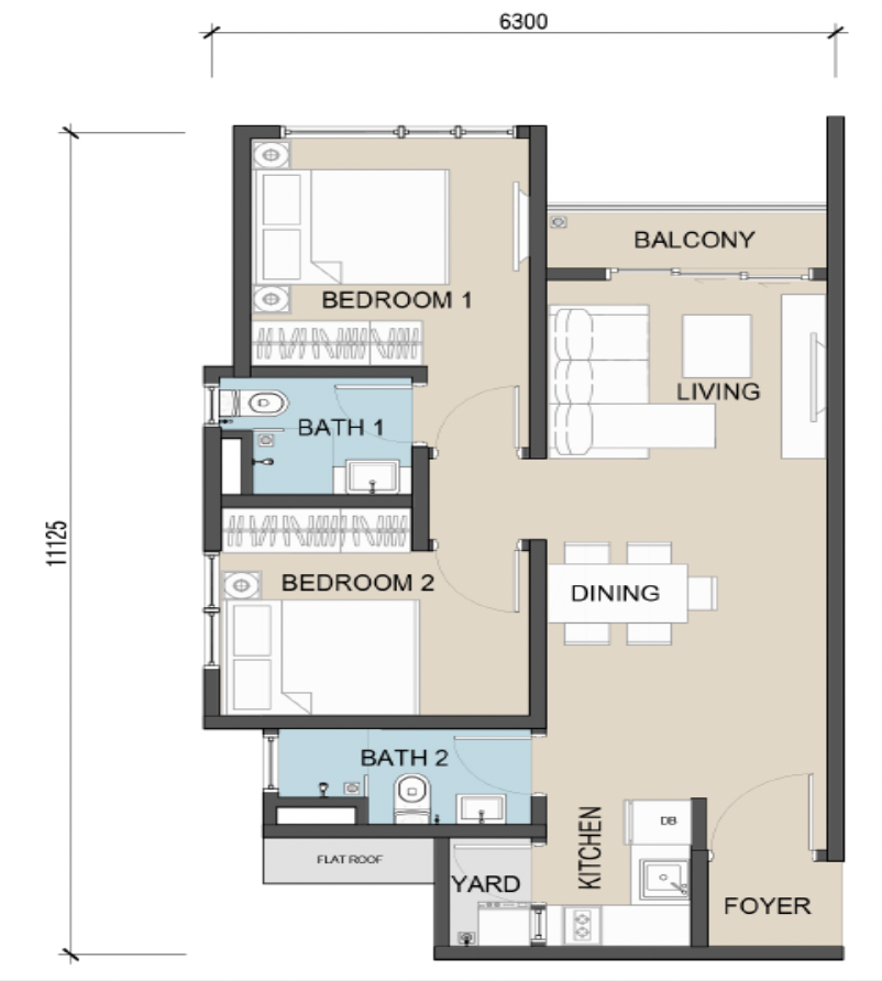 The Address @ Maxim Pelangi B2户型平面图，660平方尺，2房2卫（镜像户型）