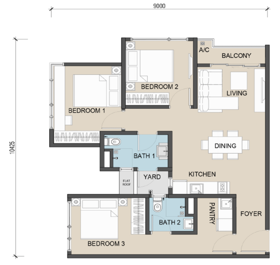 The Address @ Maxim Pelangi C户型平面图，865平方尺，3房2卫双钥匙户型
