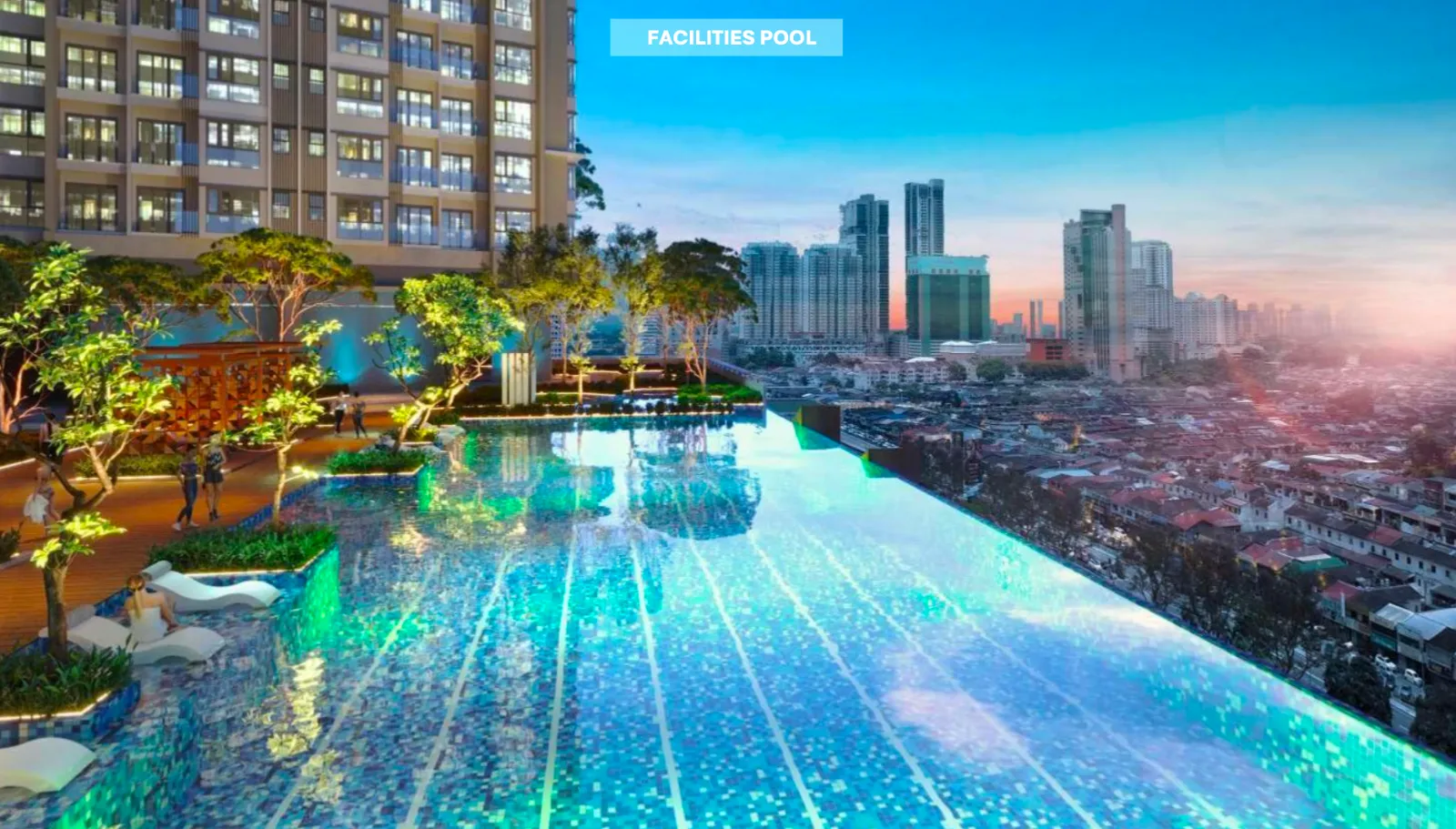 The Address @ Maxim Pelangi rooftop infinity pool at dusk overlooking the Johor Bahru skyline in Jalan Serampang, Taman Pelangi, Johor Bahru, Johor