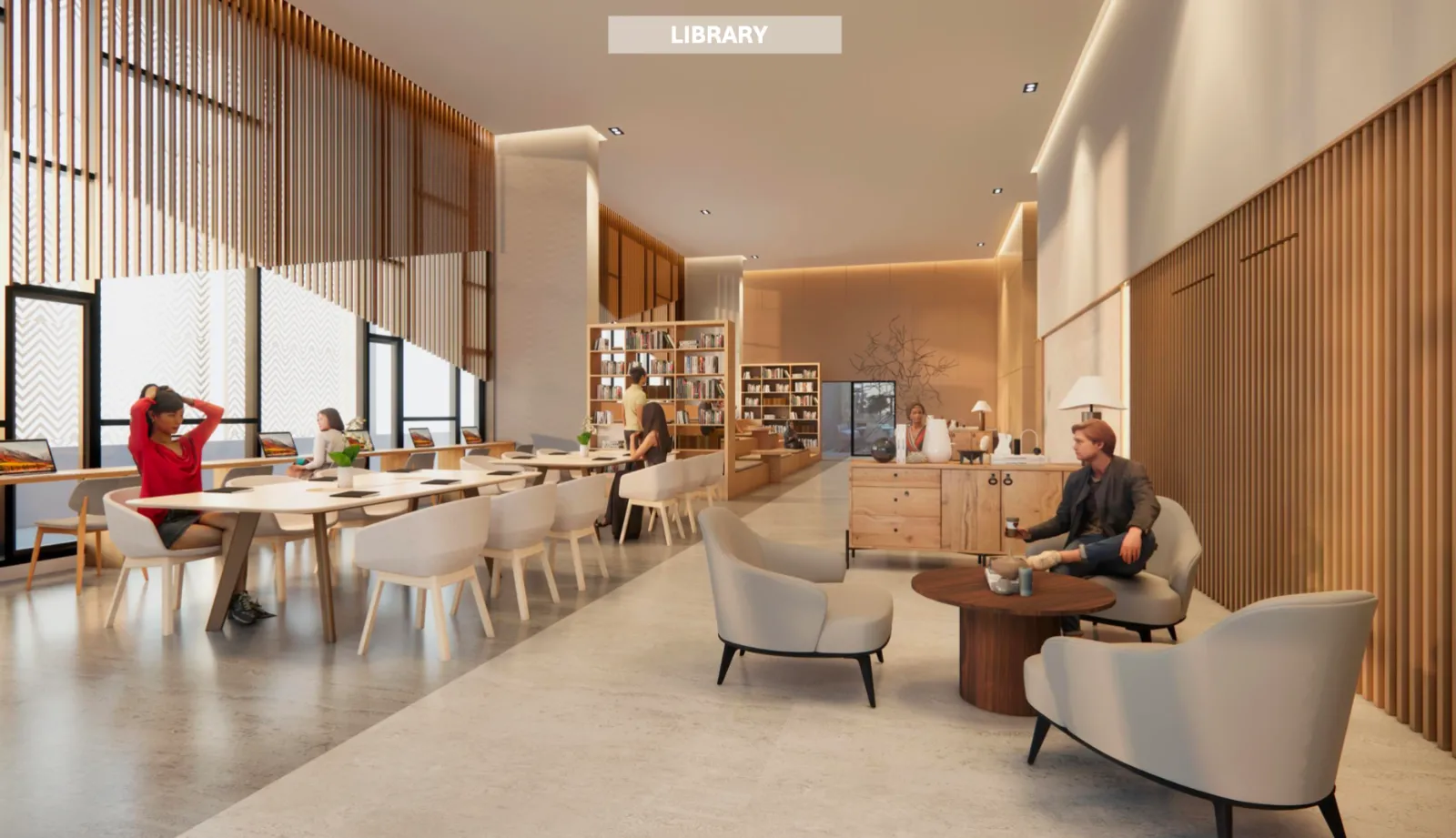 The Address @ Maxim Pelangi indoor library and co-working lounge with bookshelves and communal seating in Jalan Serampang, Taman Pelangi, Johor Bahru, Johor