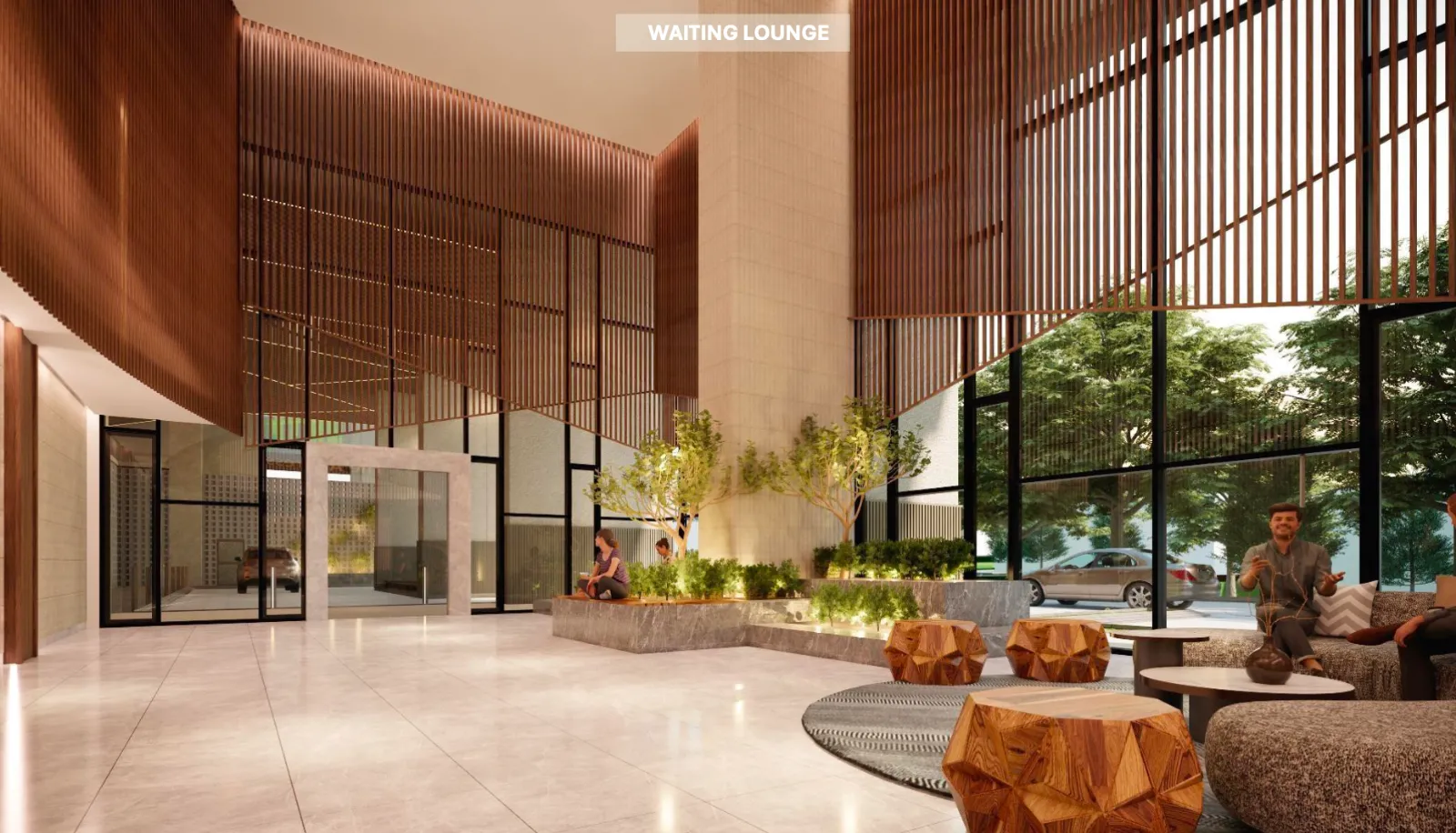 The Address @ Maxim Pelangi double-height lobby waiting lounge with timber slat walls and landscaped courtyard in Jalan Serampang, Taman Pelangi, Johor Bahru, Johor