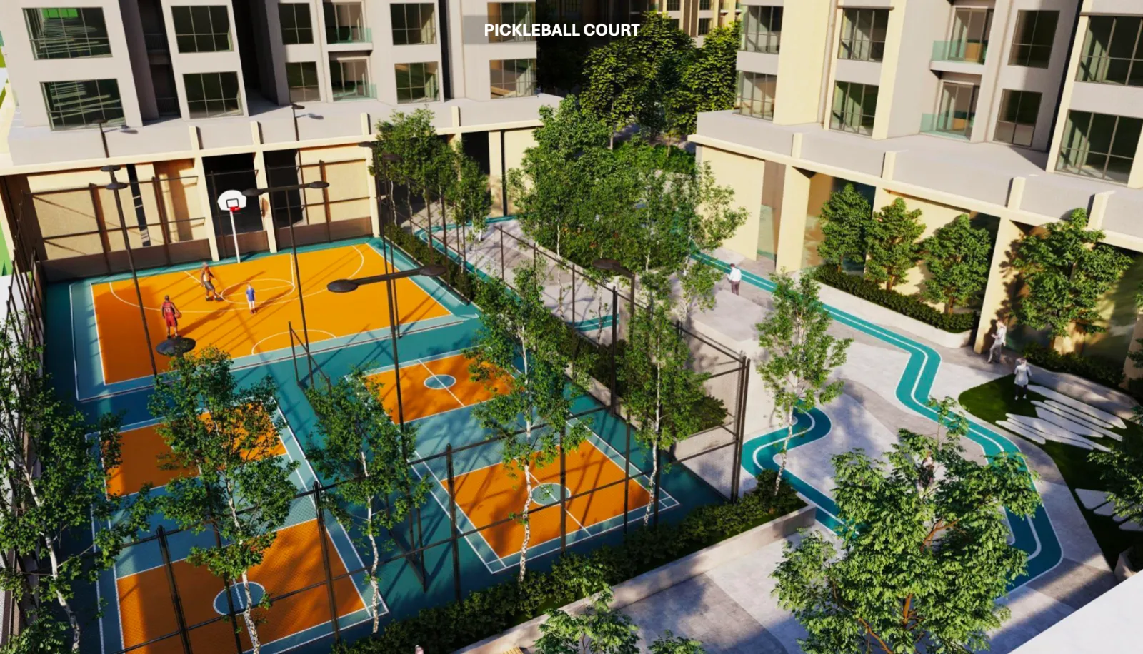 The Address @ Maxim Pelangi aerial view of the half-court basketball and pickleball courts framed by landscaping in Jalan Serampang, Taman Pelangi, Johor Bahru, Johor