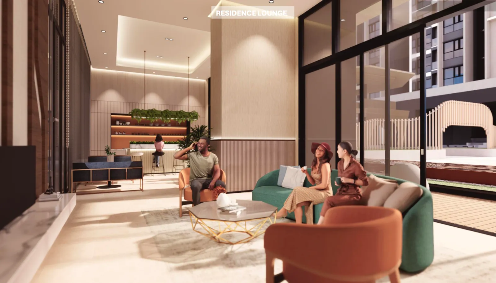The Address @ Maxim Pelangi residence lounge with a pantry bar and communal seating for residents in Jalan Serampang, Taman Pelangi, Johor Bahru, Johor