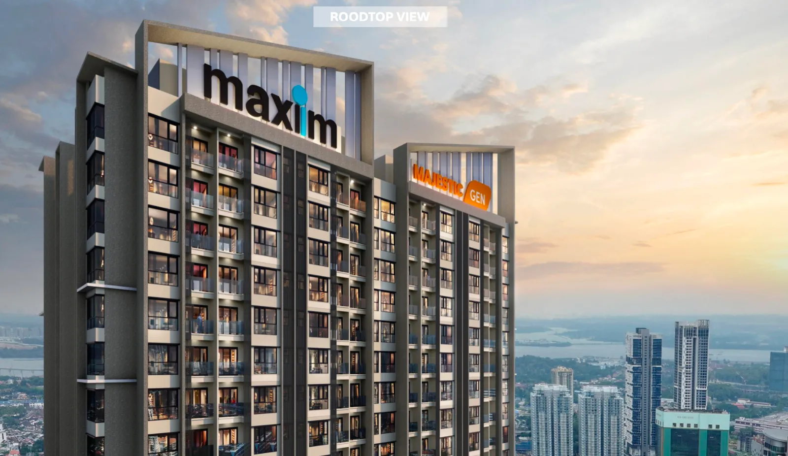 The Address @ Maxim Pelangi rooftop Maxim signage close-up with the Johor Bahru and Johor Strait skyline behind in Jalan Serampang, Taman Pelangi, Johor Bahru, Johor