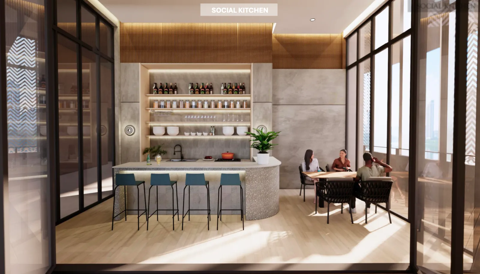 The Address @ Maxim Pelangi social kitchen with an island bar counter and dining area for residents to gather in Jalan Serampang, Taman Pelangi, Johor Bahru, Johor
