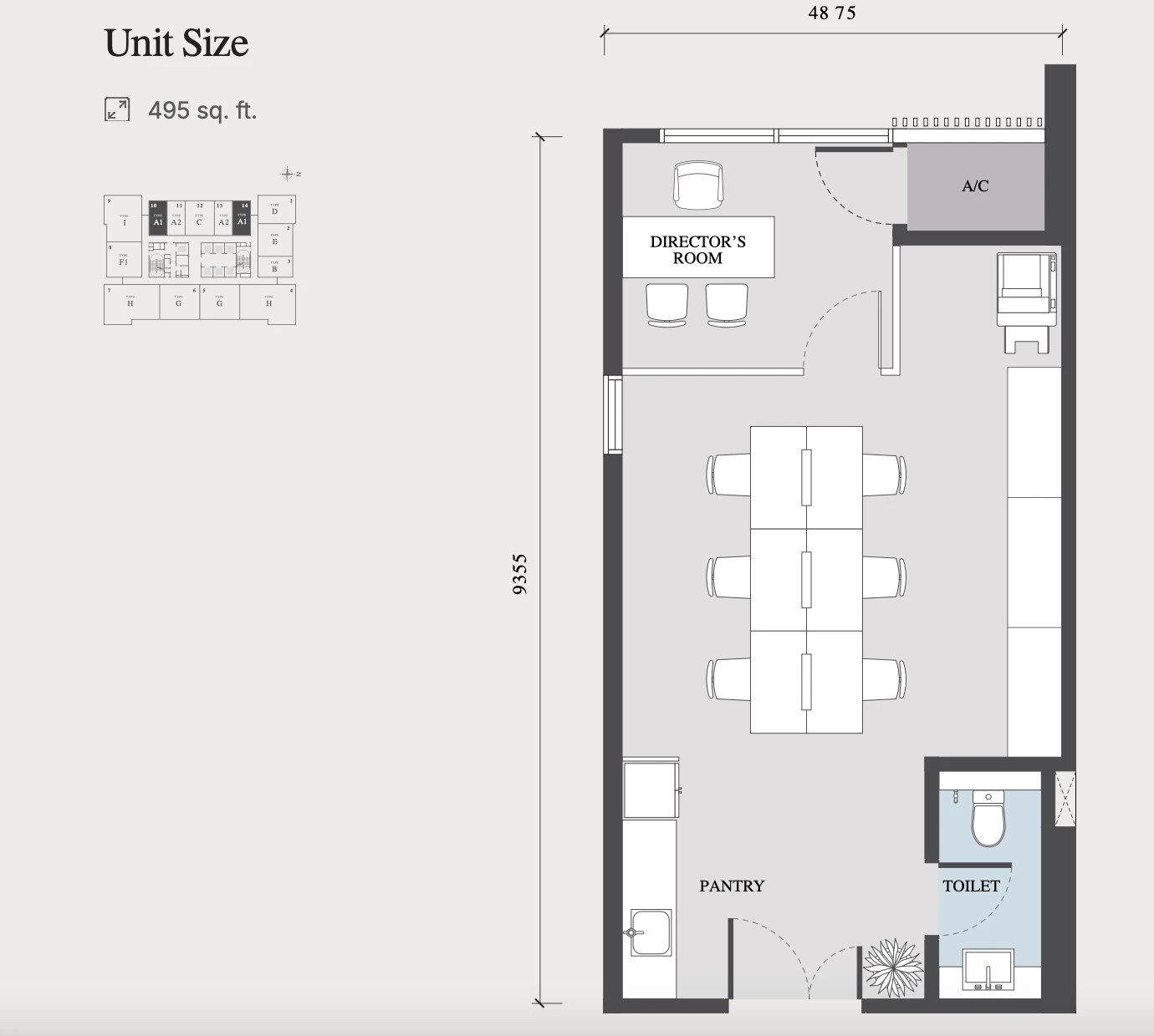 The Arden @ Damansara Avenue Type A1 办公套房户型图 — 495 平方尺，设总监室、开放式工作区、茶水间与独立洗手间