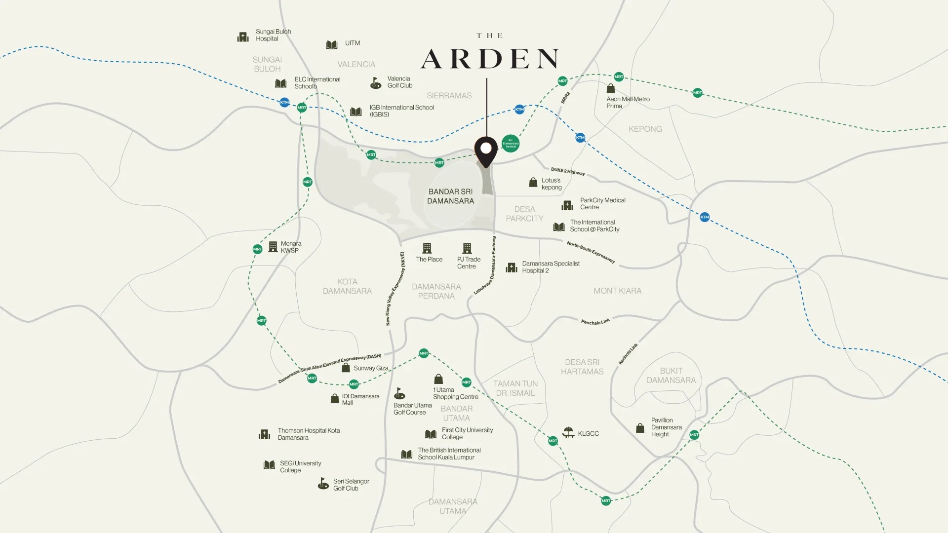 The Arden @ Damansara Avenue 位置图，标示 Sri Damansara Sentral 地铁站、DUKE 2 与 DASH 高速及斯里白沙罗周边配套
