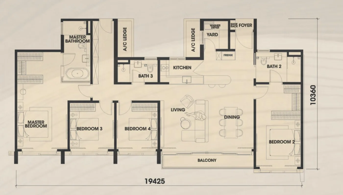Pelan lantai The Arden Residence Jenis C, susun atur reja perkhidmatan premium 1,700 kaki persegi 4 bilik 3 bilik air