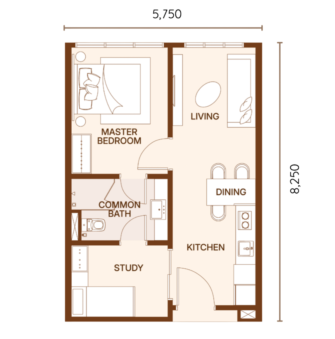 The Coronade Residence B型戶型圖，511平方尺，1+1房1衛，新山市中心Coronation Square