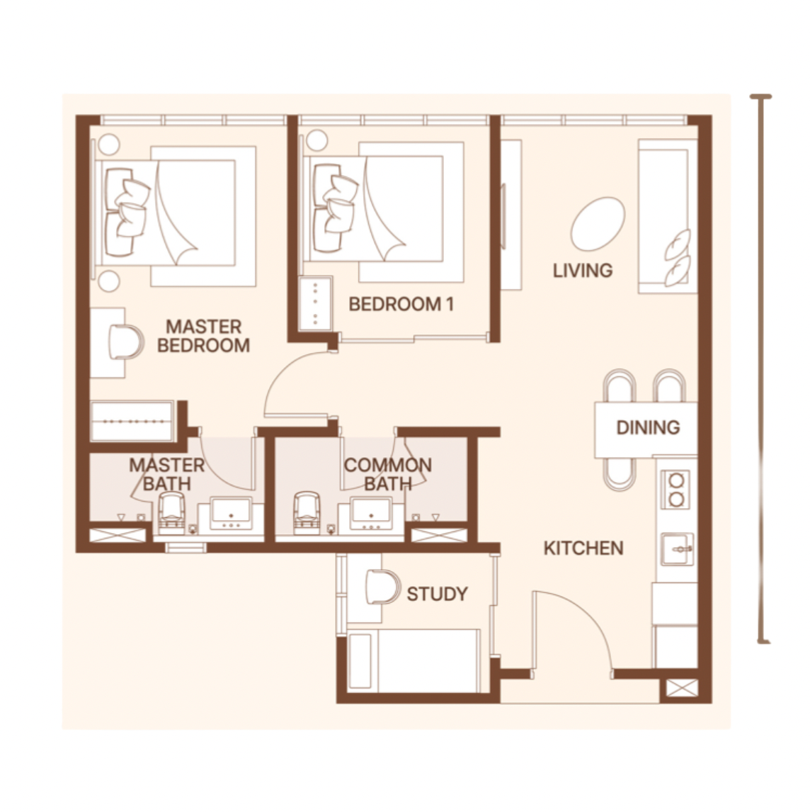 The Coronade Residence C型戶型圖，705平方尺，2+1房2衛，新山市中心Coronation Square