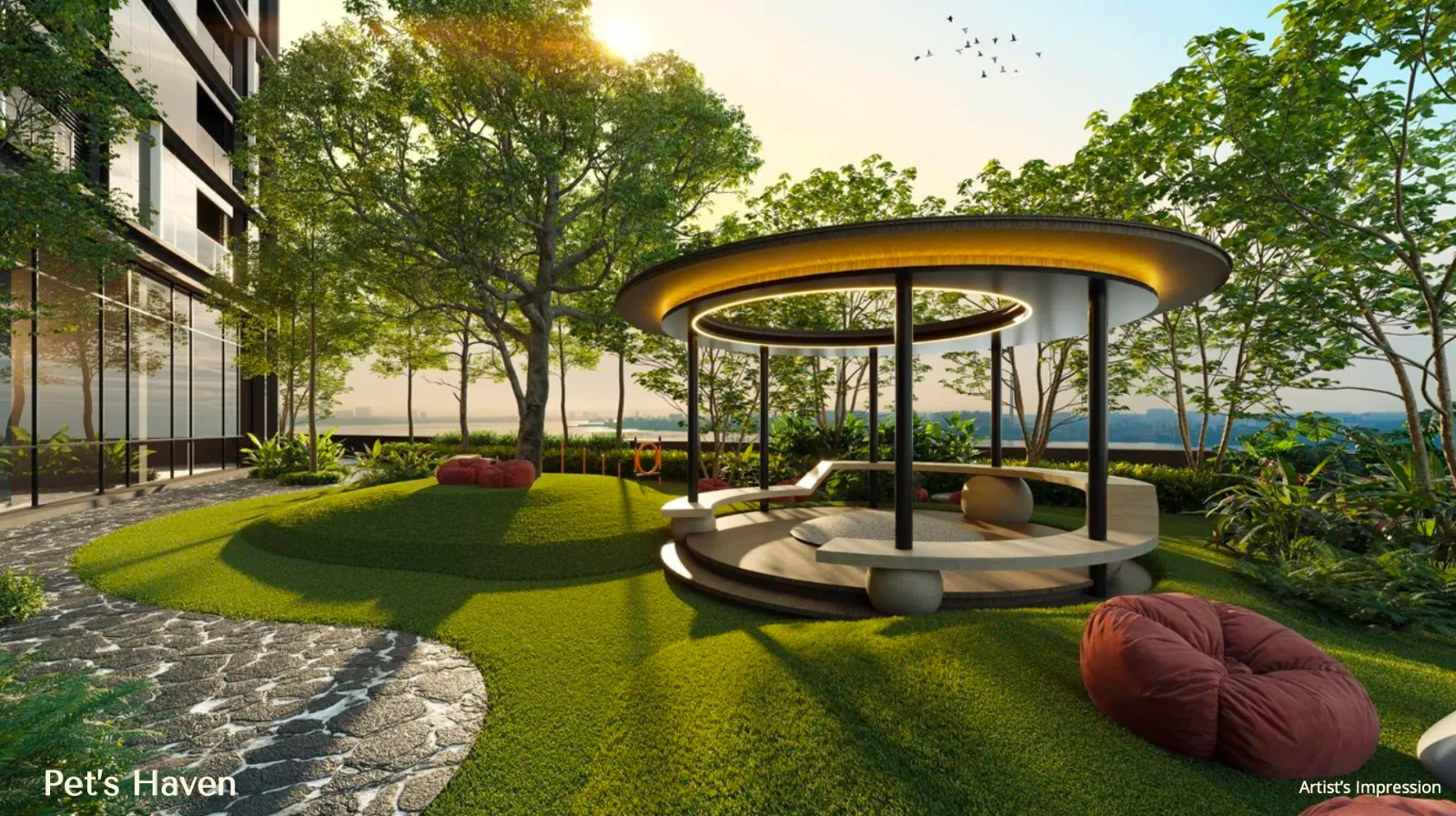 Pavilion taman Pet's Haven The Eclipse dengan kanopi kayu berbentuk bulat di tengah rumput berlandskap dan pokok-pokok matang
