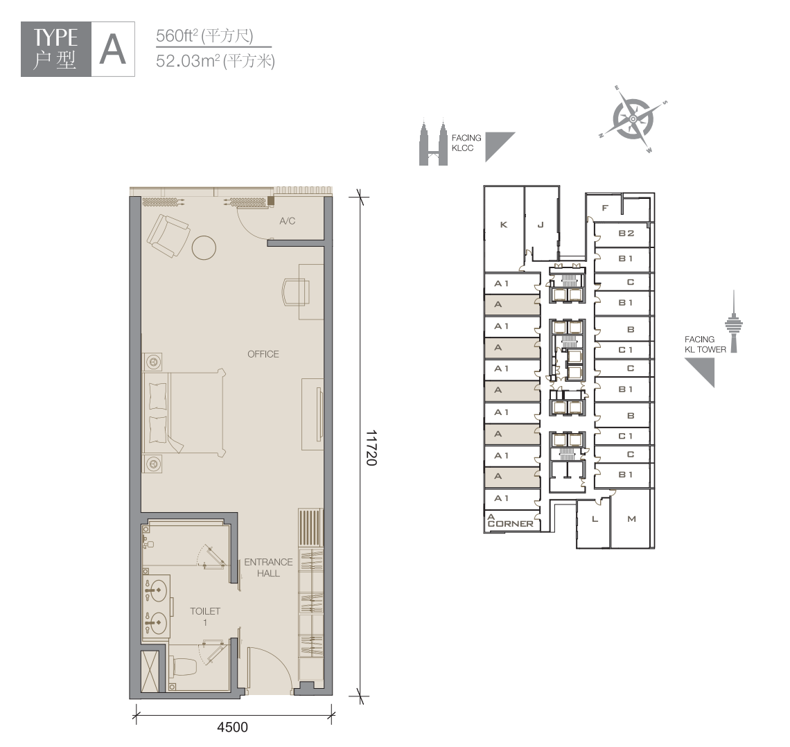 THE FACE Suites @ KLCC Type A floor plan, 560 sqft studio-style office suite