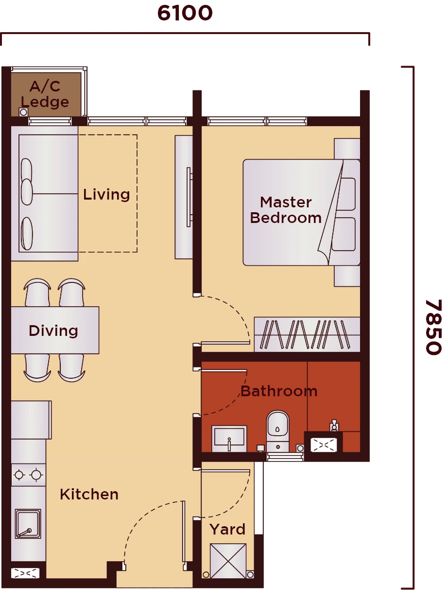 The Kingswoodz Type A floor plan, 474 sq ft (1 Bedroom, 1 Bathroom) in Bukit Jalil, Kuala Lumpur