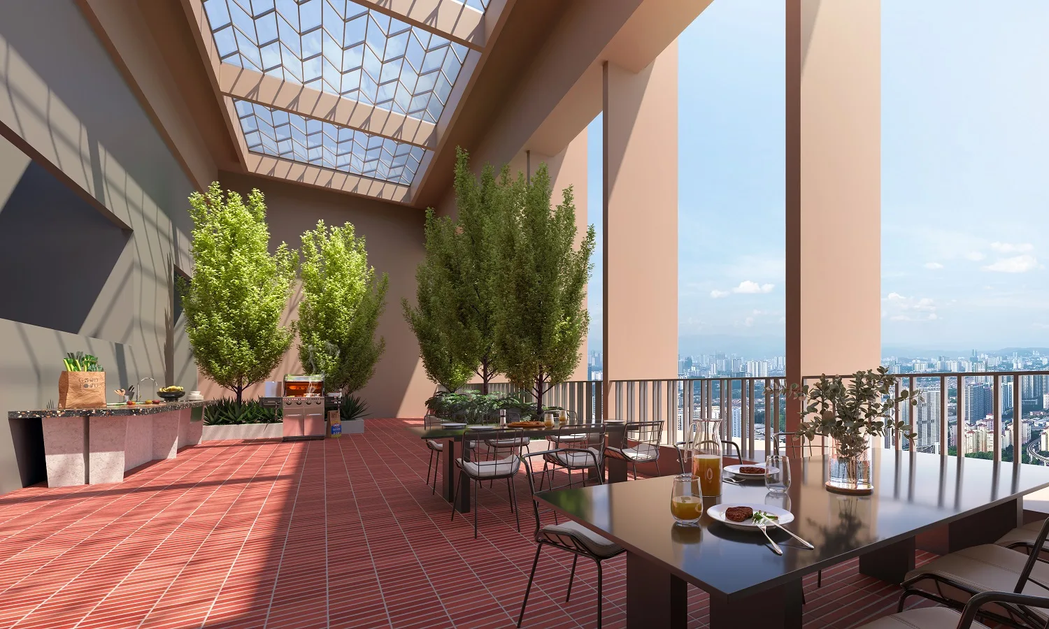 The Kingswoodz 武吉加里爾 Sky Nourish Dining 空中餐飲平臺，配天窗屋頂、BBQ廚房檯面與吉隆坡市景