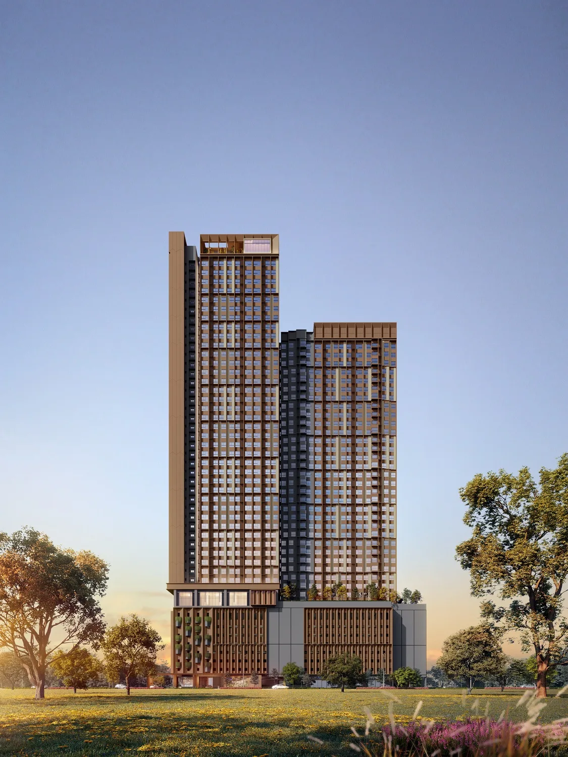 The Kingswoodz 武吉加里爾46層大樓立面效果圖，頂層設施與園林裙樓