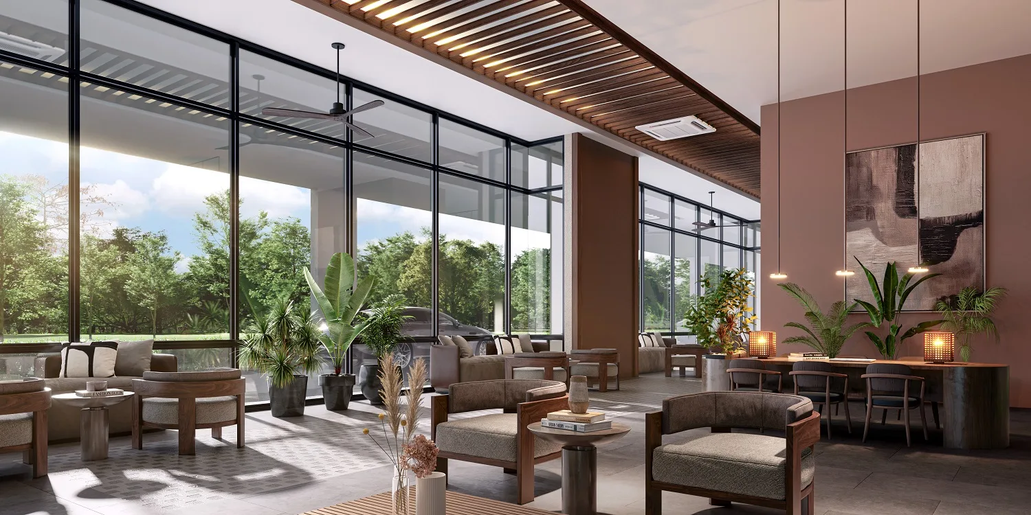 The Kingswoodz 武吉加里爾 King's Lounge 住戶酒廊，落地玻璃、木質天花與花園景觀