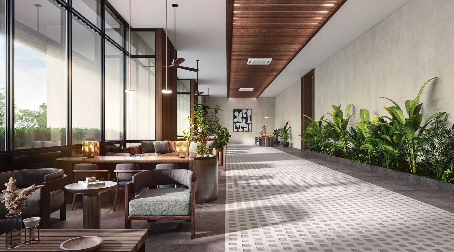 The Kingswoodz 武吉加里爾 King's Lounge 休閒長廊，綠植牆與閱讀角落