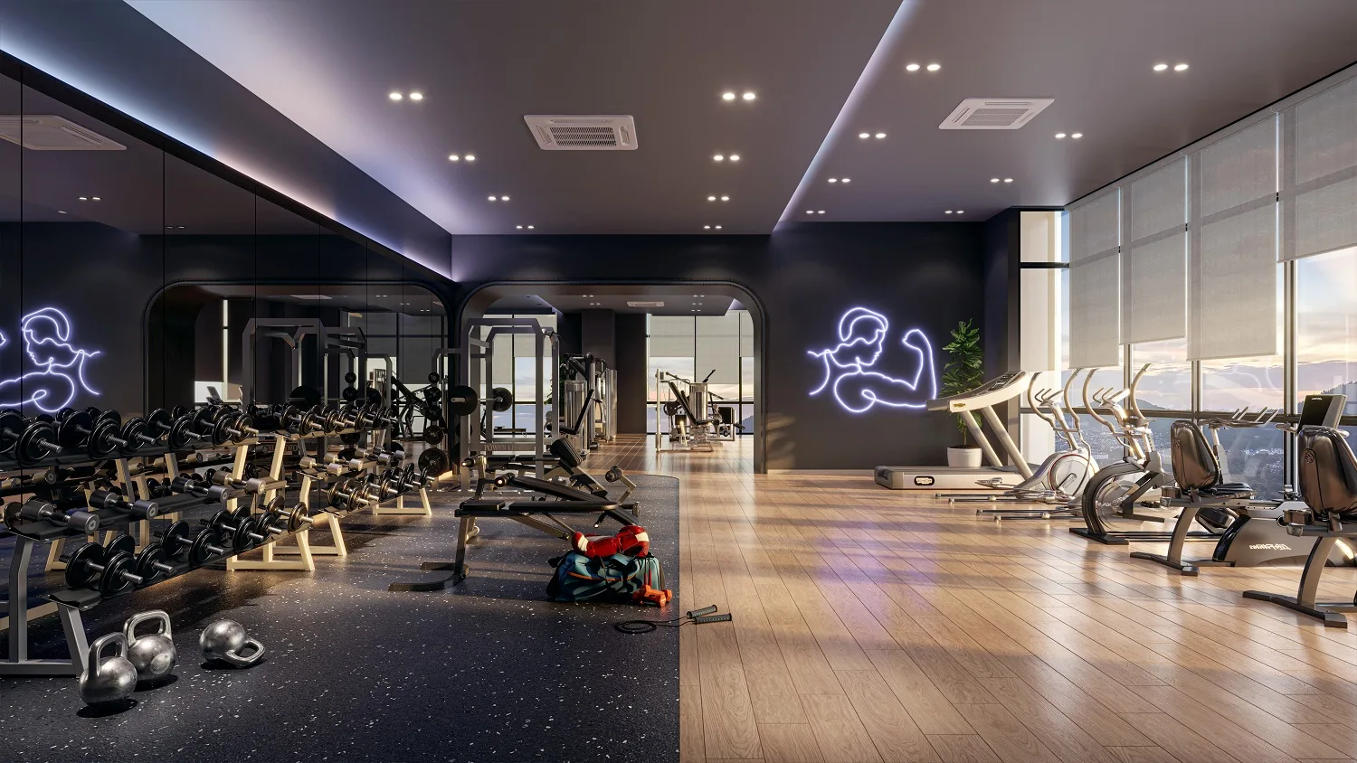 The Kingswoodz 武吉加里爾 Burnout Studio 健身房，自由重量區、跑步機與天際線景觀