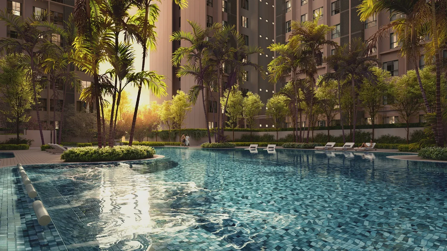 The Kingswoodz 武吉加里爾 Jacuzzi Haven 泳池平臺，黃昏下棕櫚環繞