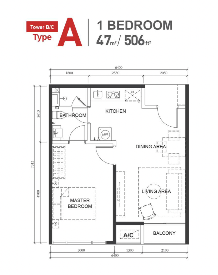 The M Macrolink Medini Type A floor plan, 506 sqft 1-bedroom layout, Tower B/C in Medini, Iskandar Puteri, Johor