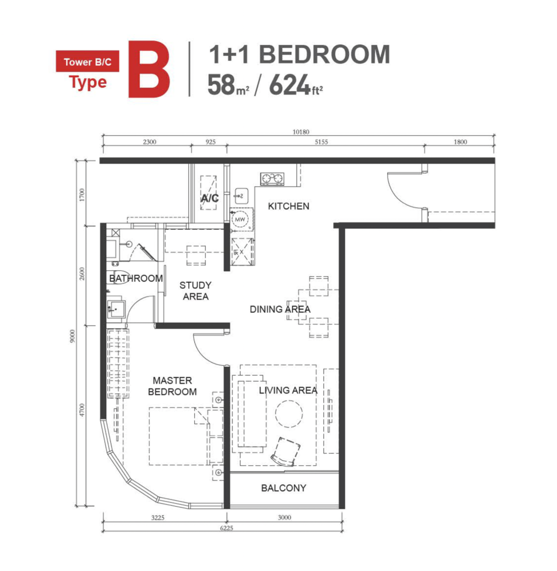 The M Macrolink Medini B 型户型图，624 平方尺 1+1 房，附书房区，B/C 座