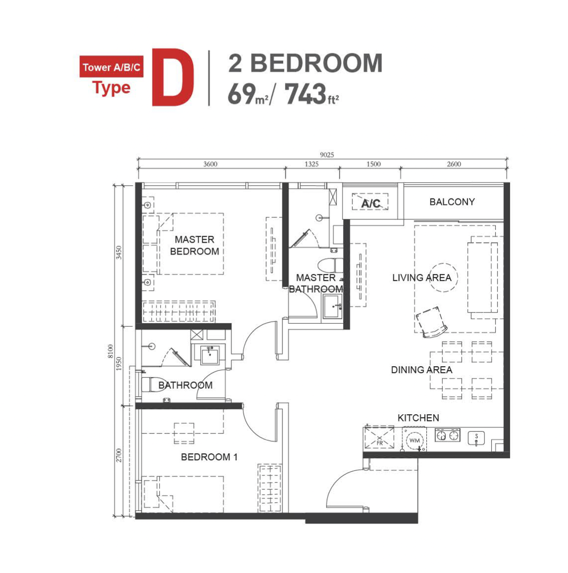 The M Macrolink Medini D 型户型图，743 平方尺 2 房 2 卫，A/B/C 座