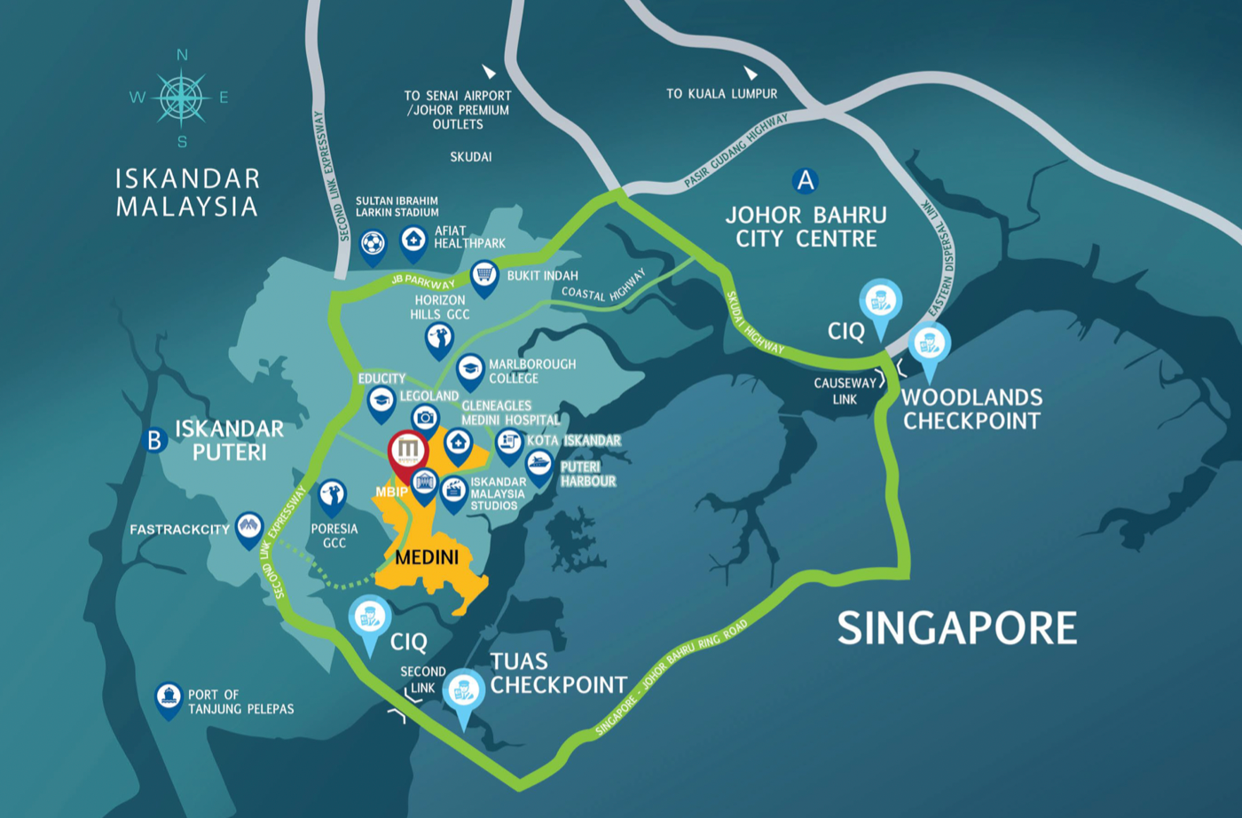The M Macrolink Medini location map showing Medini, Legoland, EduCity, MBIP and the Second Link Expressway to Singapore in Medini, Iskandar Puteri, Johor