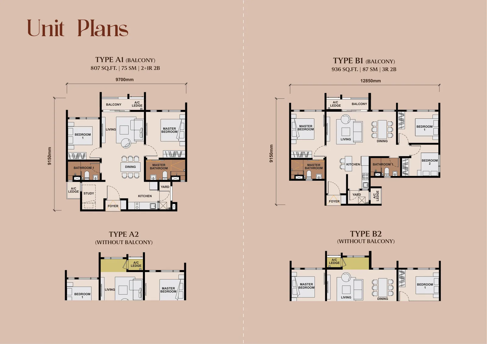 The Queenswoodz Type B2 Floor Plan - 936SQ.FT in Bukit Jalil, Kuala Lumpur