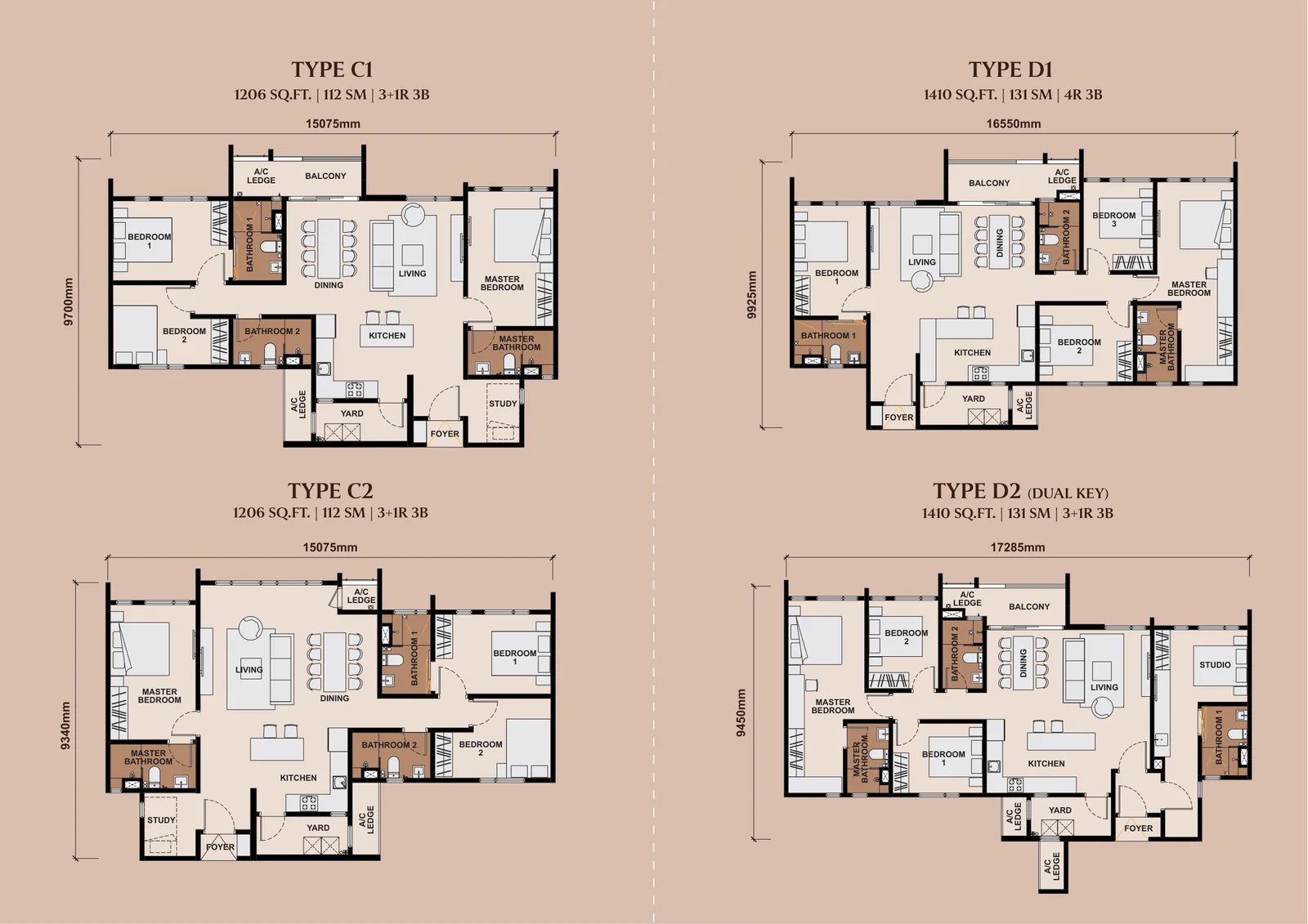 The Queenswoodz Type C2 Floor Plan - 1206SQ.FT in Bukit Jalil, Kuala Lumpur