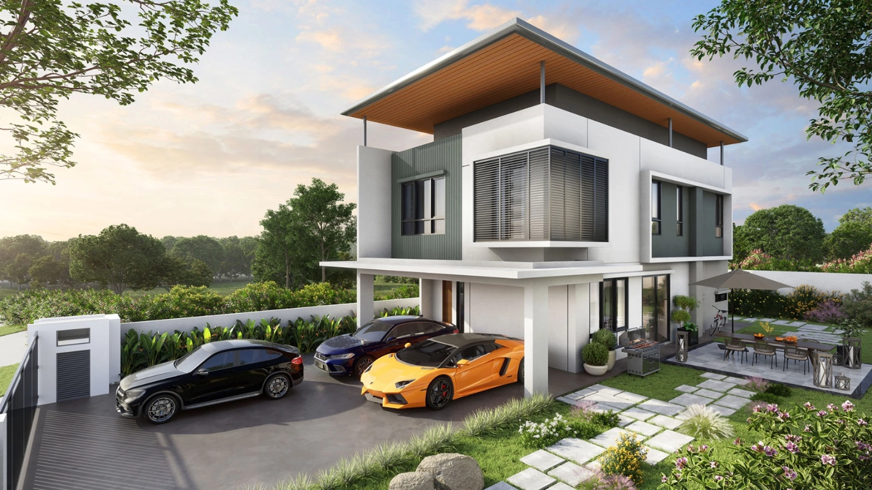 The Rise Emerald Rawang bungalow unit exterior with covered driveway at dusk, Rawang Selangor in Kota Emerald, Rawang, Selangor