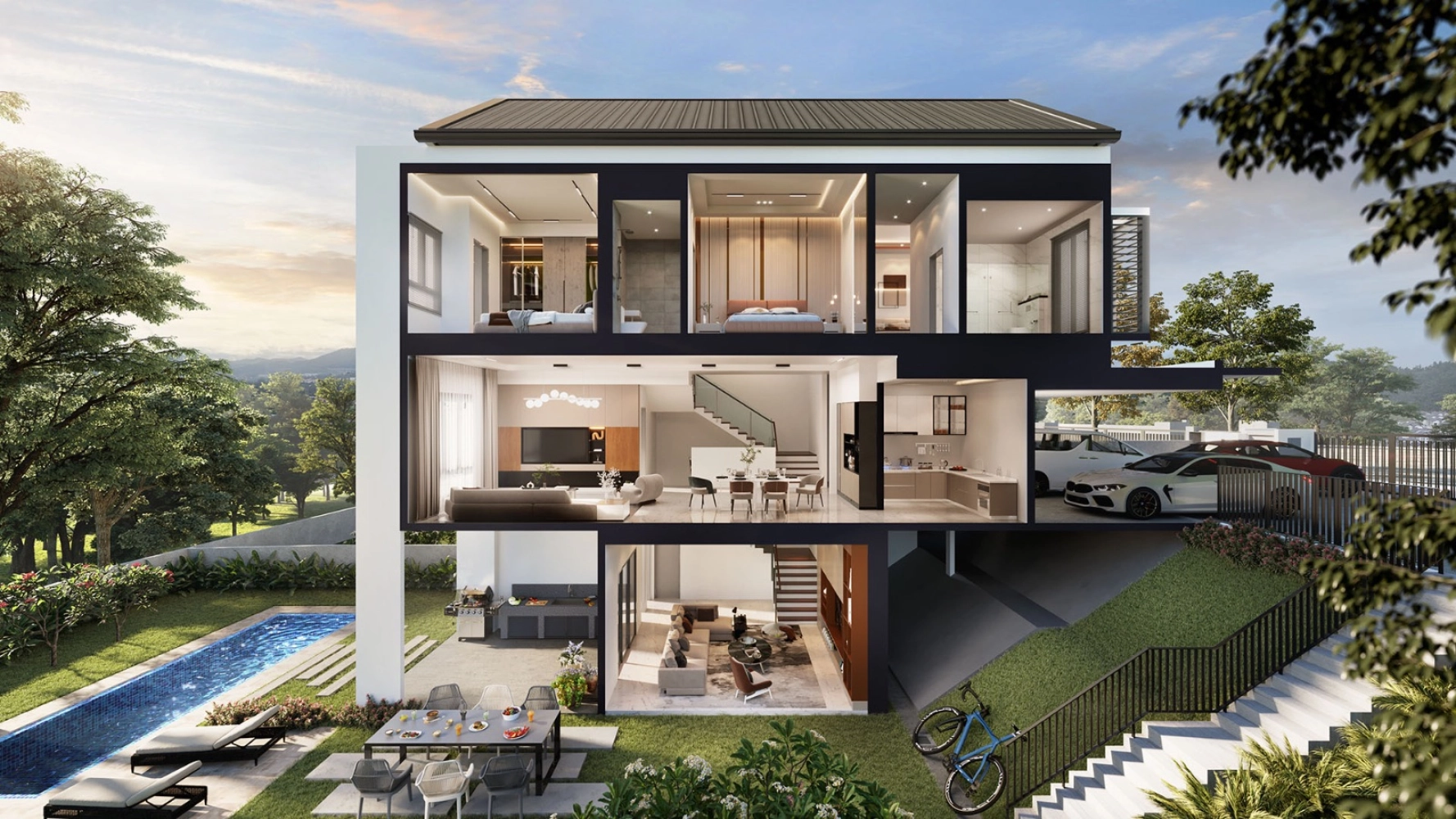 The Rise Emerald Rawang interior cutaway cross-section showing bedrooms, living, kitchen and garage floors, Rawang Selangor in Kota Emerald, Rawang, Selangor