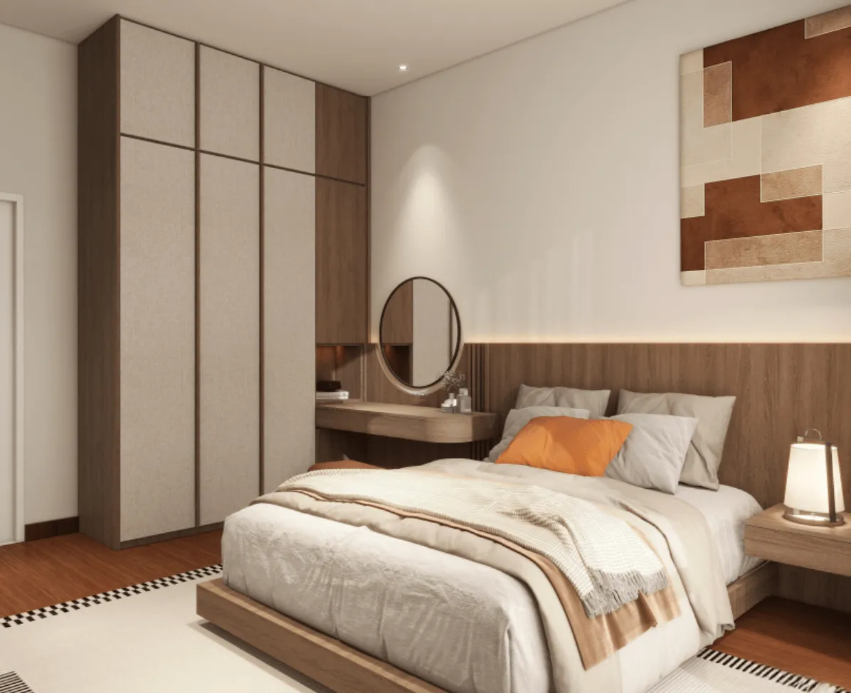 The Straits View Garden Permas Jaya Avina bedroom with built-in wardrobe and vanity mirror console in Permas Jaya, Johor Bahru, Johor