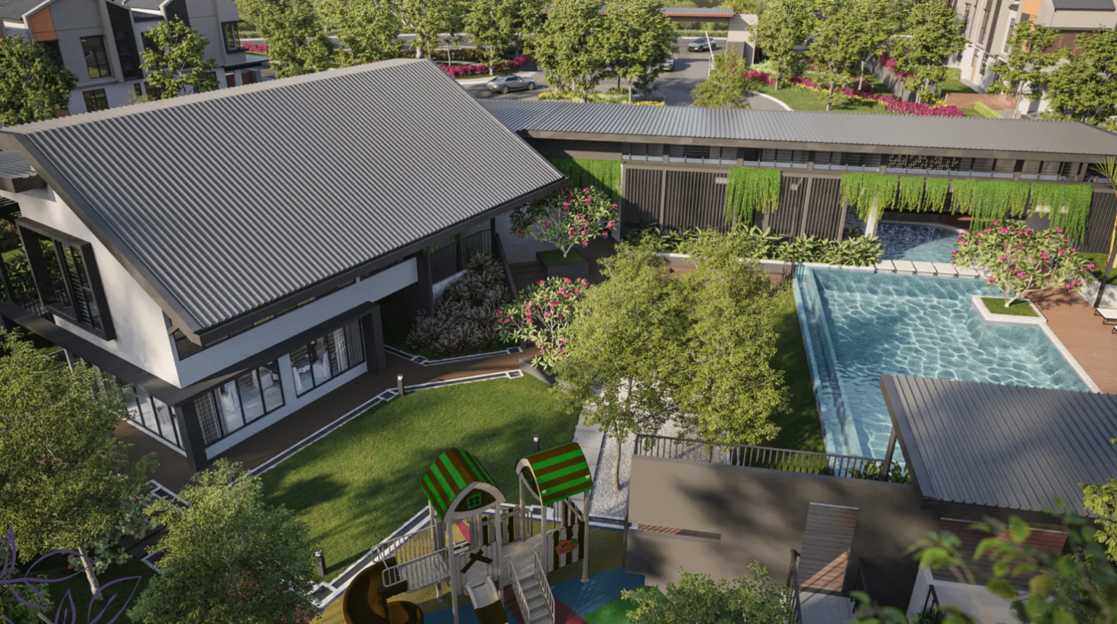 The Straits View Garden Permas Jaya aerial view of the clubhouse, swimming pool and children's playground in Permas Jaya, Johor Bahru, Johor