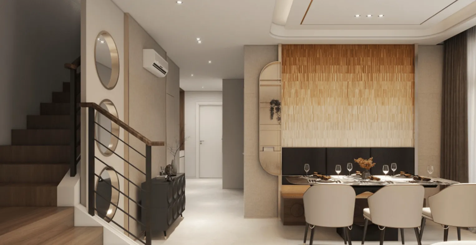 The Straits View Garden Permas Jaya Avina foyer staircase landing with dining nook and round mirror wall feature in Permas Jaya, Johor Bahru, Johor