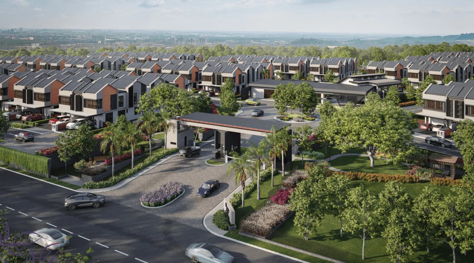 The Straits View Garden Permas Jaya aerial drone view of the guardhouse entrance and gated cluster home enclave in Permas Jaya, Johor Bahru, Johor