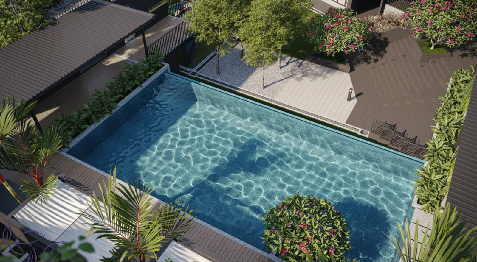 The Straits View Garden Permas Jaya clubhouse swimming pool with timber sun deck and tropical landscaping in Permas Jaya, Johor Bahru, Johor