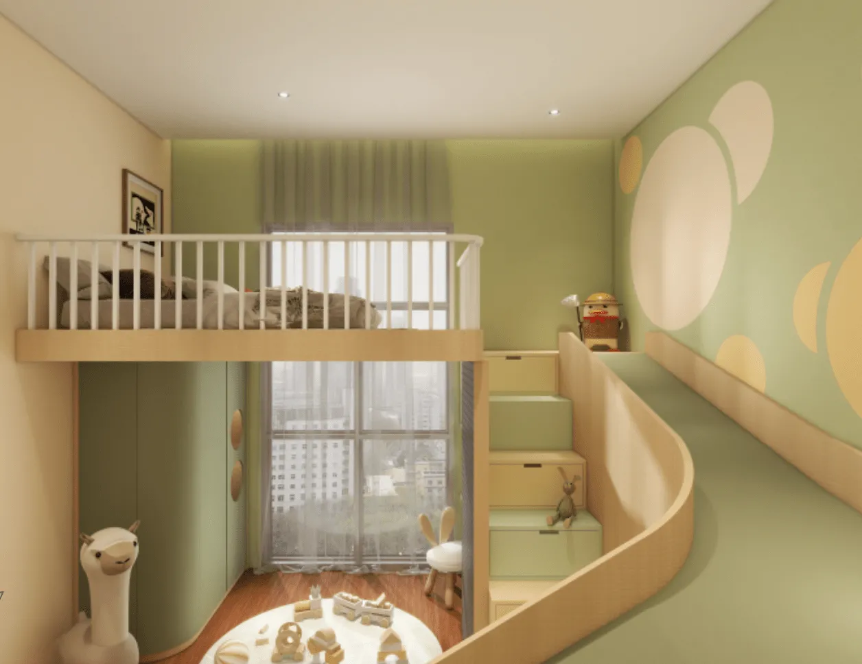 The Straits View Garden Permas Jaya children's loft bedroom concept with bunk platform and play slide in Permas Jaya, Johor Bahru, Johor