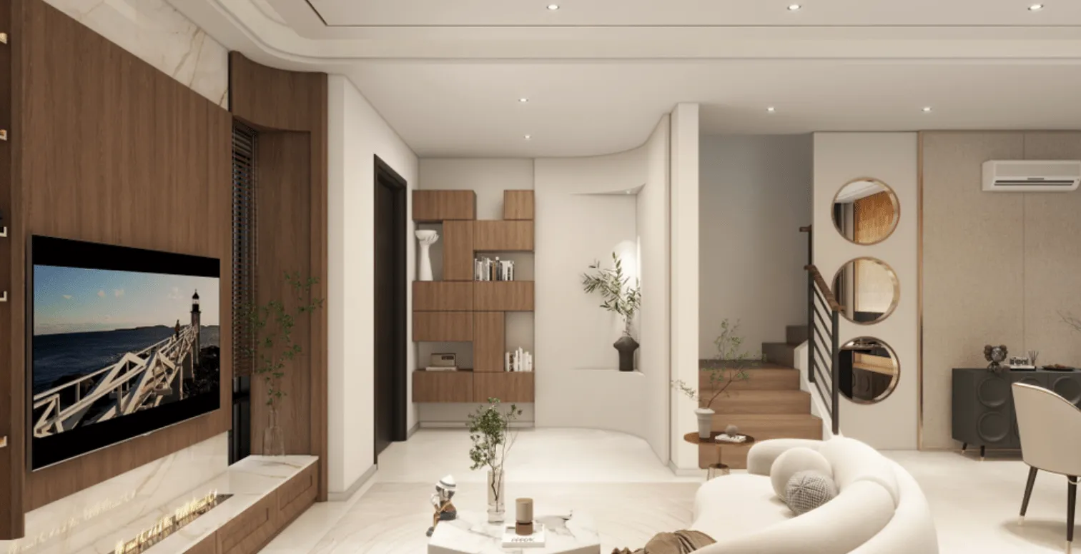 The Straits View Garden Permas Jaya Avina living room with timber TV feature wall and staircase to the upper floor in Permas Jaya, Johor Bahru, Johor