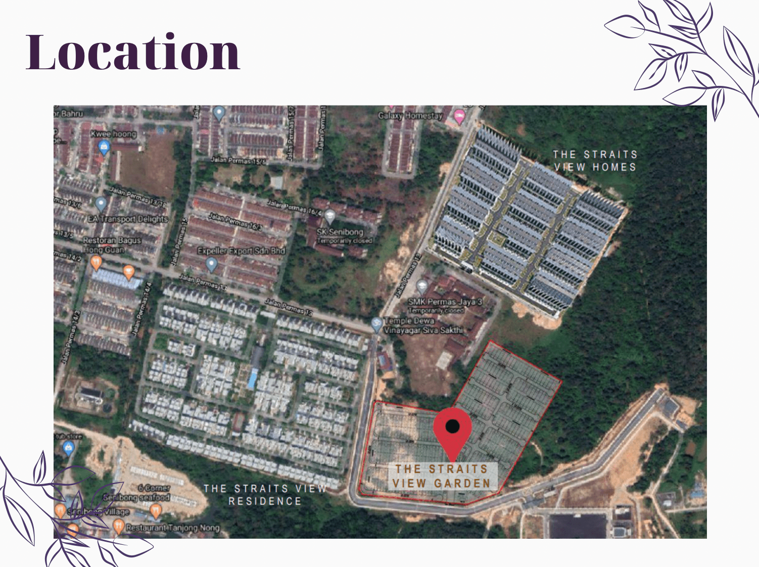 The Straits View Garden Permas Jaya location map showing Bandar Baru Permas Jaya, Jalan Permas and surrounding amenities in Permas Jaya, Johor Bahru, Johor