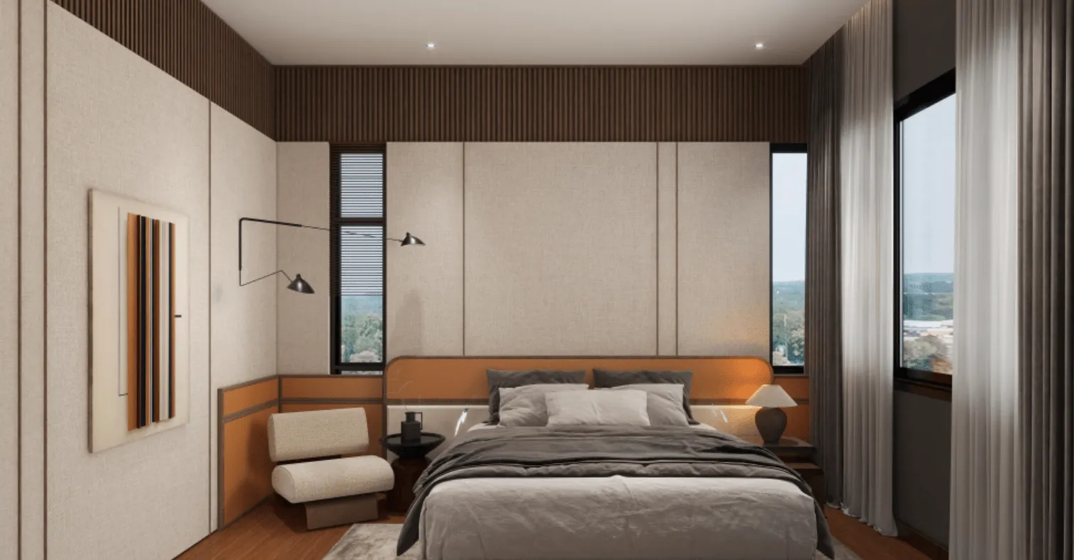 The Straits View Garden Permas Jaya Avina master bedroom with orange upholstered headboard and window seating in Permas Jaya, Johor Bahru, Johor