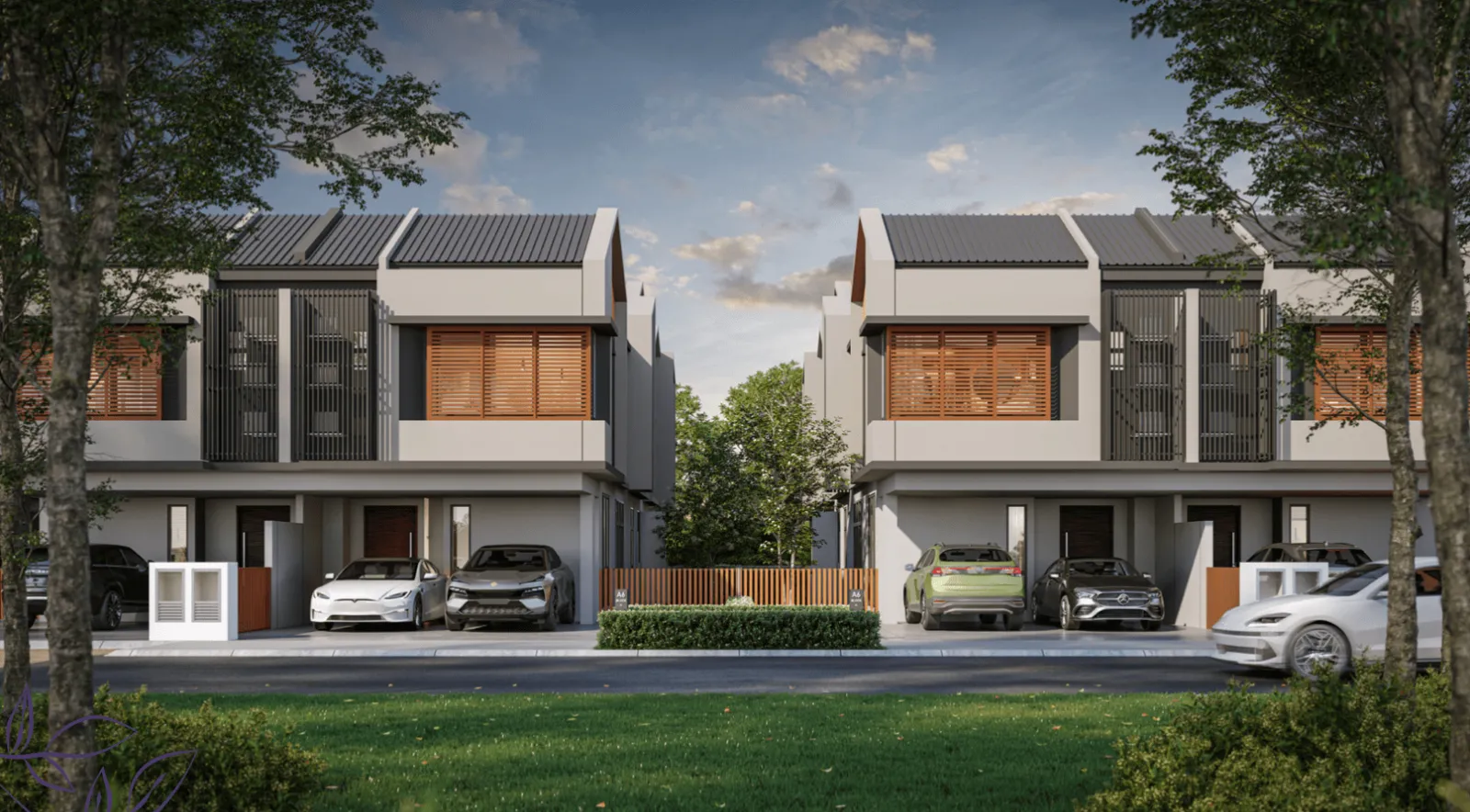 The Straits View Garden Permas Jaya twin-block street facade showing the double-storey cluster home streetscape in Permas Jaya, Johor Bahru, Johor