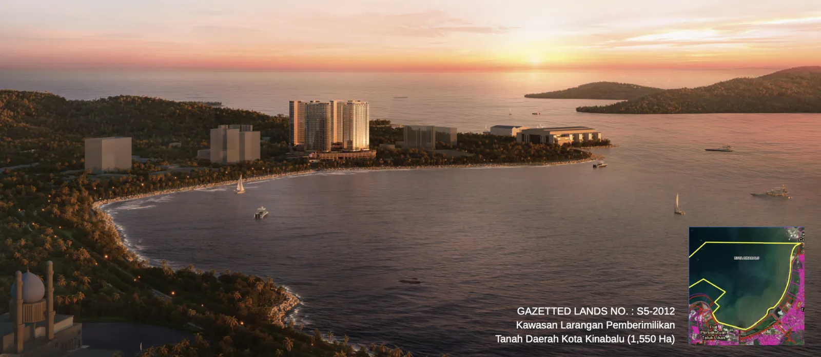 The V by Jesselton aerial view showing the development's position directly on the Likas Bay coastline in Likas Bay, Kota Kinabalu, Sabah