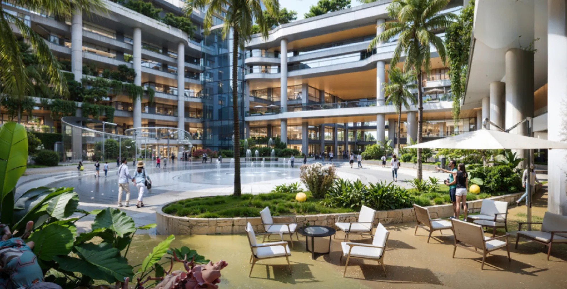 The V by Jesselton central courtyard plaza with a fountain, seating areas and tropical landscaping in Likas Bay, Kota Kinabalu, Sabah