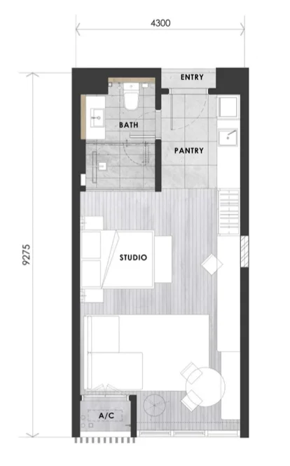 The V by Jesselton Type A1/A2 floor plan, 425 sqft studio with 1 bathroom in Likas Bay, Kota Kinabalu, Sabah
