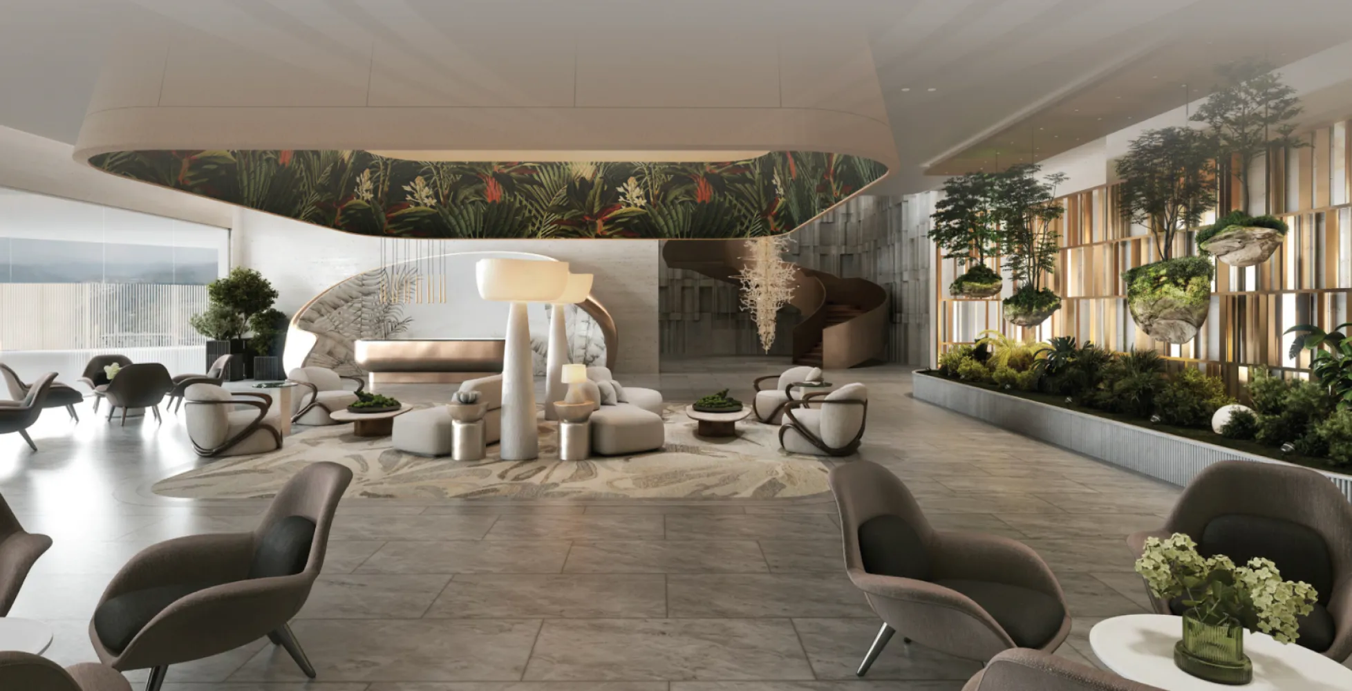 The V by Jesselton ground-floor lobby lounge interior with a sculptural spiral staircase and tropical planters in Likas Bay, Kota Kinabalu, Sabah