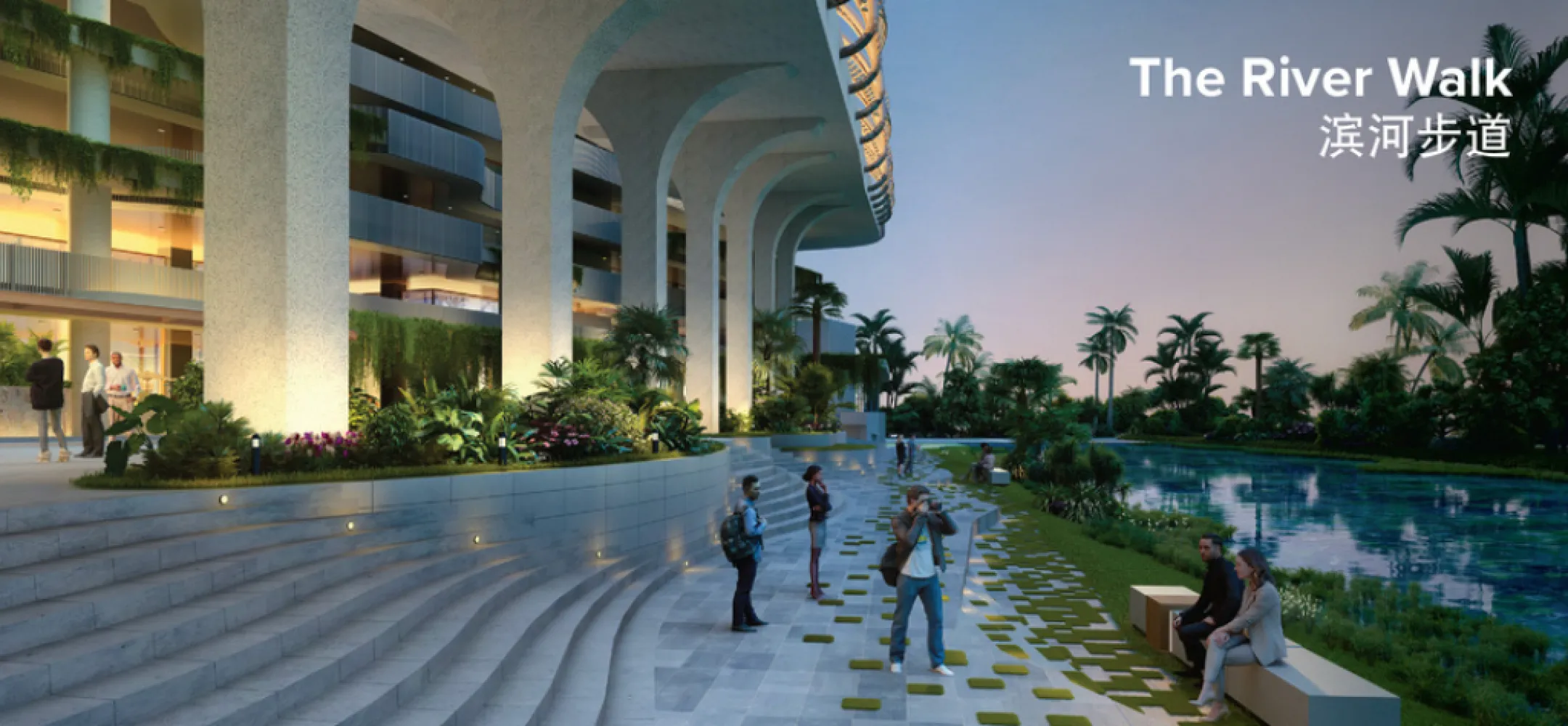 The V by Jesselton landscaped river walk promenade beside a water feature with palm trees at dusk in Likas Bay, Kota Kinabalu, Sabah