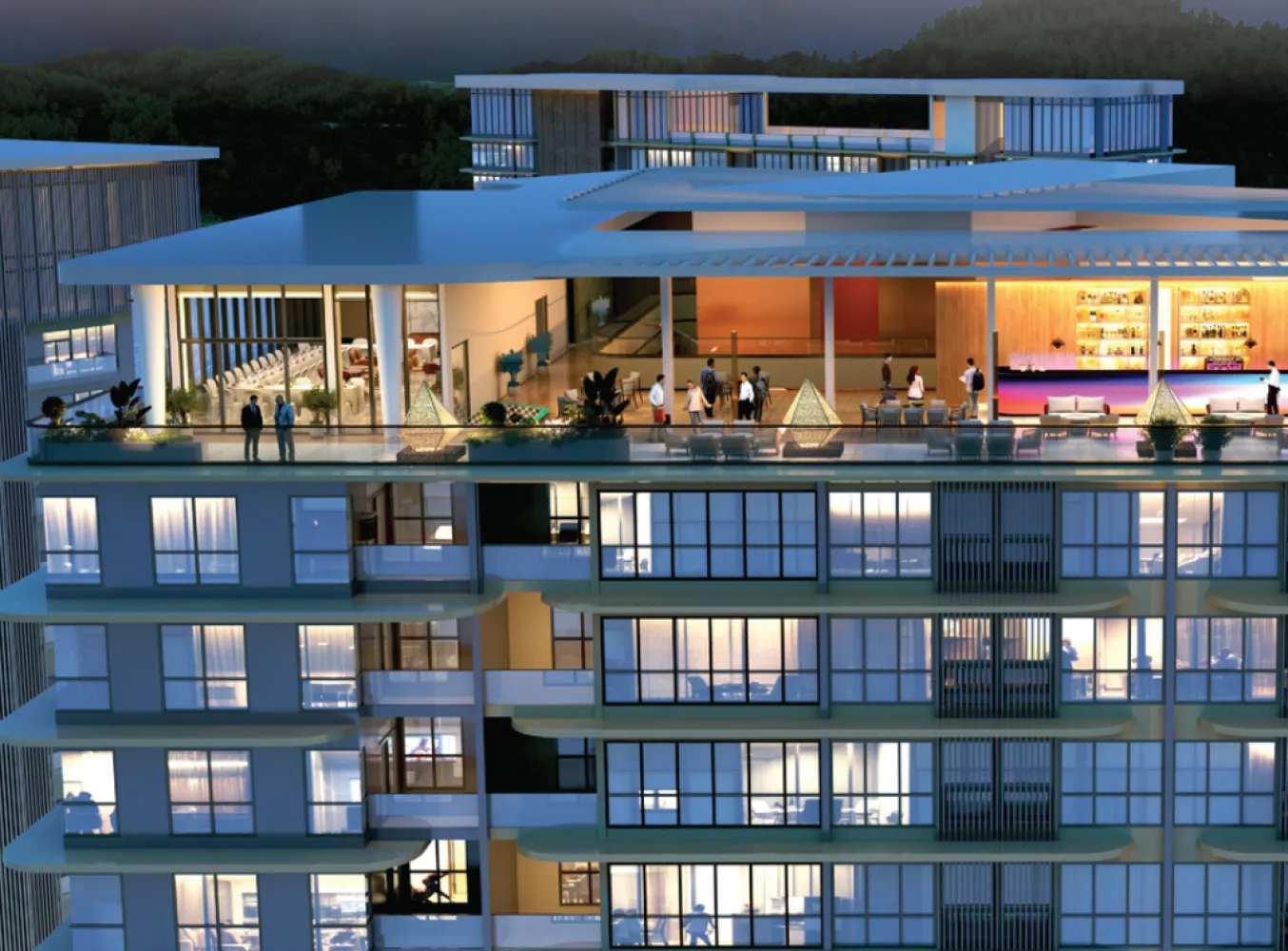 The V by Jesselton rooftop sky lounge and bar with residents socialising at night in Likas Bay, Kota Kinabalu, Sabah