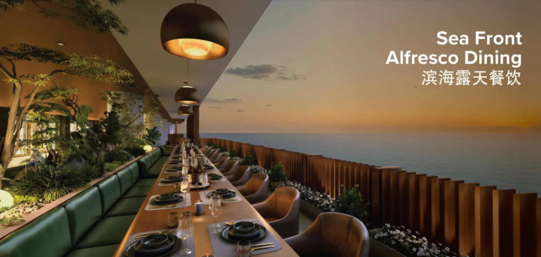 The V by Jesselton seafront alfresco dining terrace with sunset views over Likas Bay in Likas Bay, Kota Kinabalu, Sabah