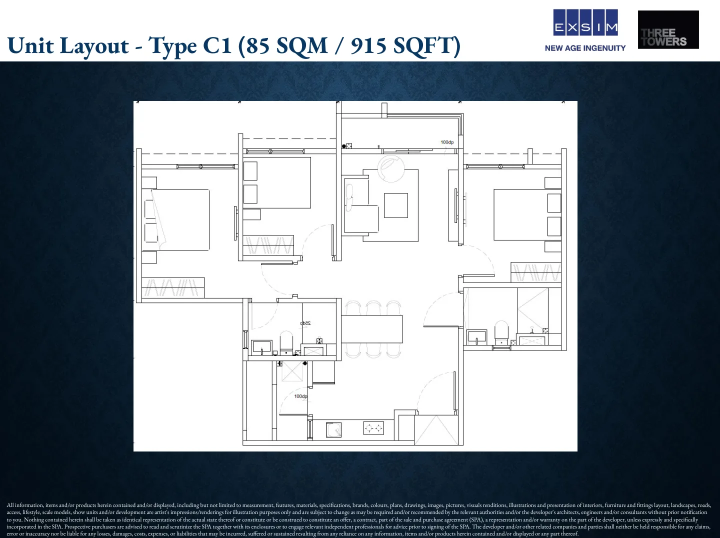 The Vividz Type C1 Floor Plan - 915SQFT from verified project brochure